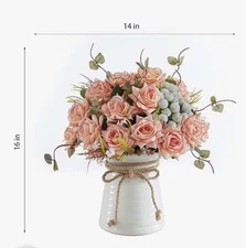 Artificial Pink Peach Roses flowers bouquet w vase table centerpiece decorations