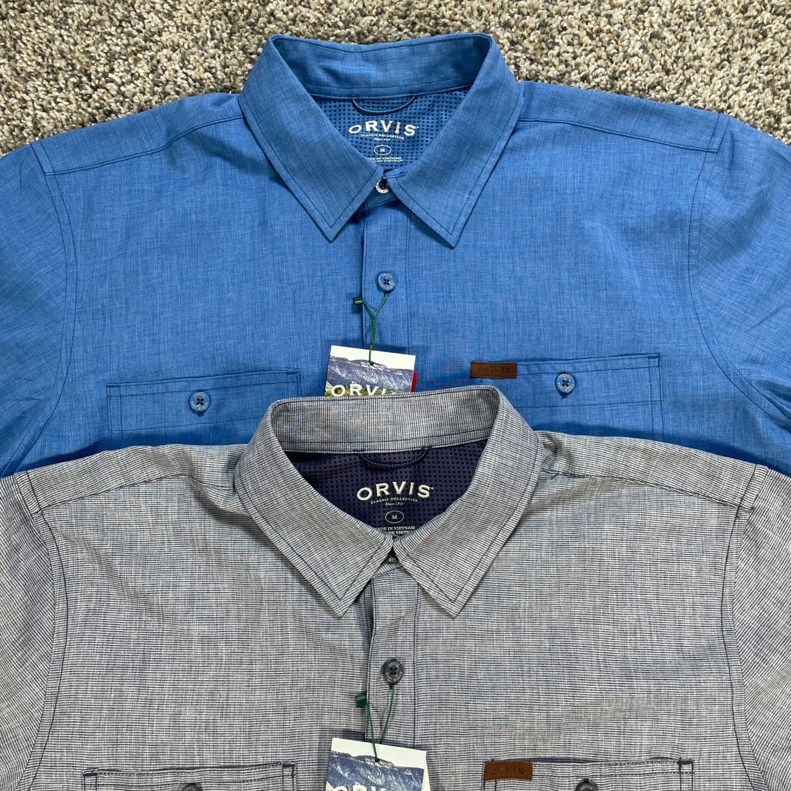 Orvis Men's Medium Short Sleeve Button Up Shirt 2 Pack Blue Gray Polyester