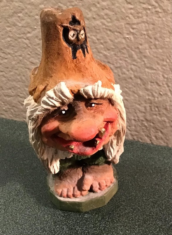 OWLS! Henning Of Norway Hand Carved Wooden Troll w/OWL in his hat, 4.5" tall