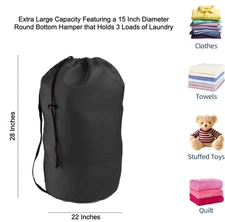 BLACK Heavy Duty Laundry Bag w/Strap, 22"x28" Round Bottom Hamper, Large 2 Loads
