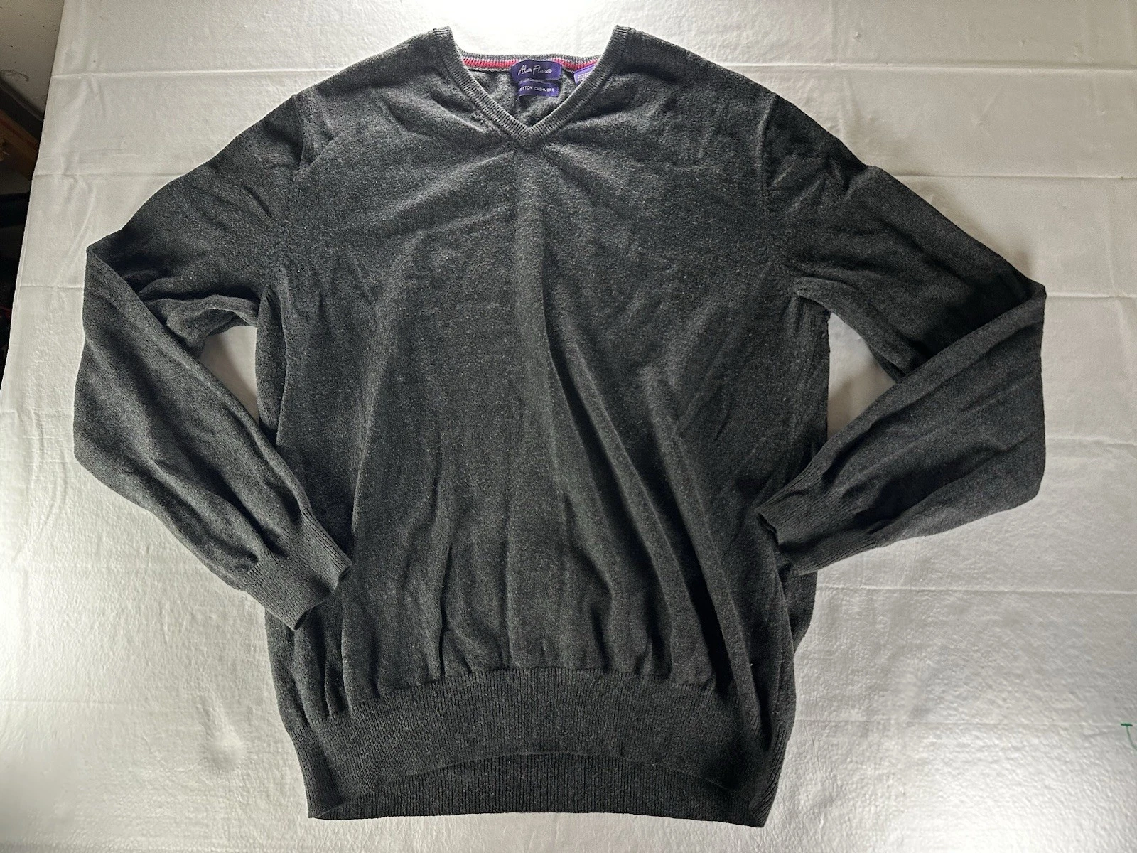 Alan Flusser Sweater Mens Medium Gray Cashmere V-Neck Pullover Office Preppy