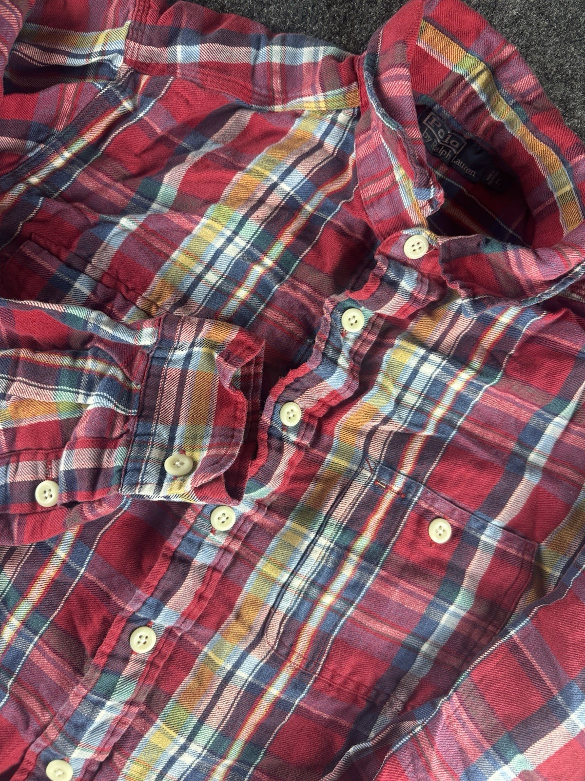 VTG Polo Ralph Lauren Plaid Flannel Shirt Red Multicolor Button Up L
