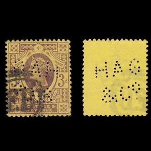 G.B. 1887. Q. V. PERFIN. 3d. cancel SG 203. + GIFT