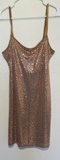 Bebe Sequin Mini Dress Womens Medium Tan Gold Lined Spaghetti Strap Glitzy Glam