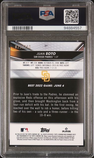 2022 Bowman's Best Baseball Juan Soto Blue Refractor /150 Card #27 PSA 10 view 2