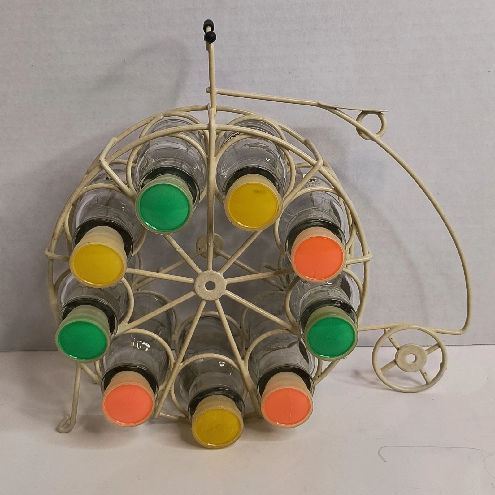 Vtg Big Wheel Bicycle Spice Rack with 9 Jars Bottles Lids Retro Kitchen Taiwan