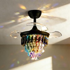 30" Retractable Crystal Ceiling Fan with Light, RGB Modern Chandelier Fan 6 S...
