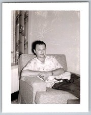 Vtg B&W Snapshot Man Hawaiian Pattern Shirt Relaxing Armchair Polaroid July 1959