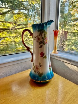T&V Limoges France 15  Porcelain Ewer Roses Blue Gold c.1892-1907