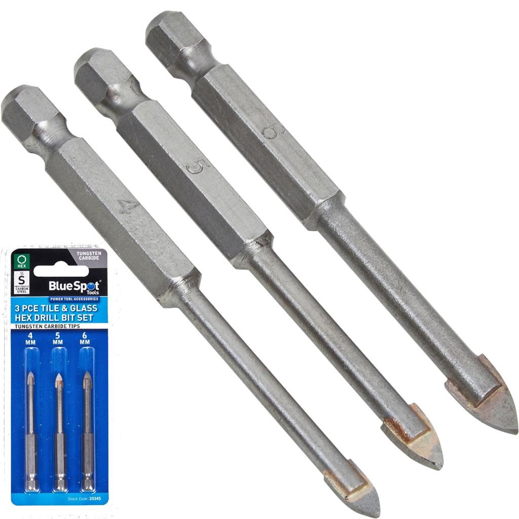 Bluespot 3pc Hex Ceramic Tile Glass Mirror Drill Bit Set 4mm 5mm 6mm Tool