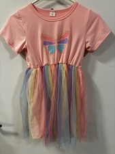 Girls Pink Purple Butterfly Rainbow Tutu Dress Tulle Skirt Short Sleeve 8Y