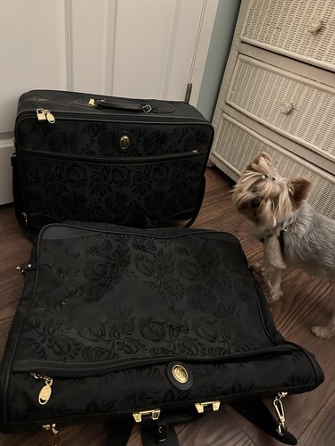 Three Piece Travel Luggage Set - Black Canvas Damask w/ Flowers & Gold Hardware