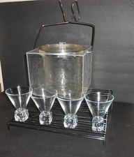 Vtg (1) Lucite Ice Bucket Ice Block  Acrylic Chrome Handle (4) Ice Cube glasses