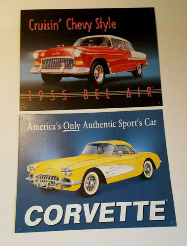 2 Vintage metal Chevrolet signs  58 CORVETTE & 55 Bel Air  Both 11" x 16" USA - Picture 1 of 9