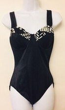 Christina Black White Gold Balconette One Piece Swimsuit Vintage 1980s Size 14
