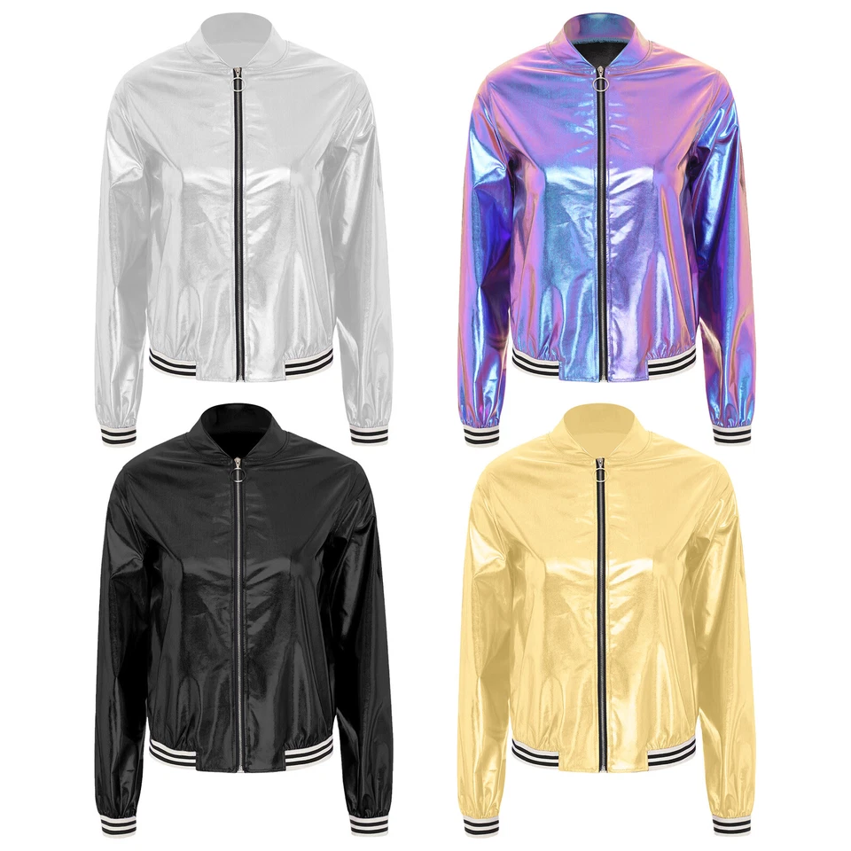 Womens Coat Bomber Jacket Holographic Outerwear 90S Disco Top Party Sportswear - Image 4 of 4