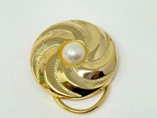 Vintage Goldtone Faux Pearl Cabochon Spiral Flower Scarf Clip