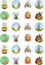24 x PRECUT EASTER (b) BUNNY/RABBIT/EGG/HUNT RICE/WAFER PAPER CUP CAKE TOPPERS