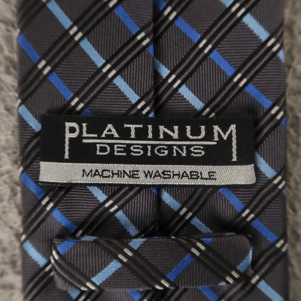 Corbata Platino Azul Gris Cuadros y Cuadros Poliéster Sarga Hecha a Mano 3.25" Foto 3 de 4