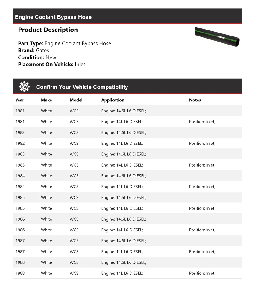 Puertas de manguera de derivación de refrigerante de motor WCS blancas 1982 1983 1984 1985 Foto 2 de 4