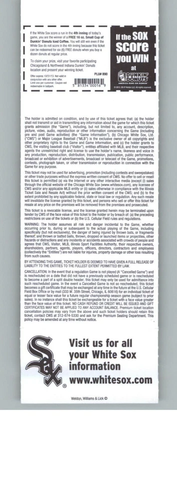 Boleto completo Kansas City Royals vs Chicago White Sox 27/09/2013 Foto 2 de 2