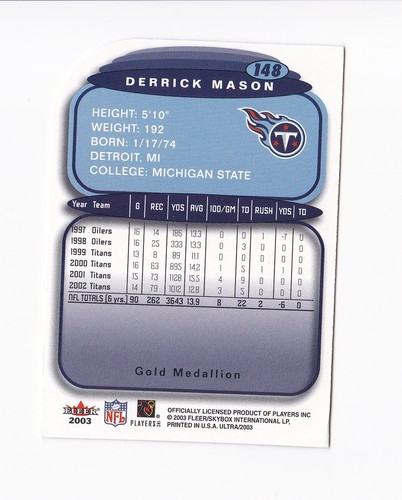 2003 Ultra Gold Medallion #148 Derrick Mason Tennessee Titans Michigan State - Picture 2 of 2