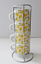 Stackable Espresso Demitasses Lemon Pattern Cup Mug w/Chrome Holder