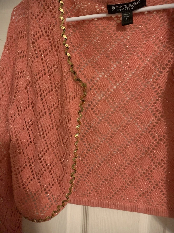 L (Funciona Pequeño) Betsy Johnson Nueva York Cárdigan Manga Larga con Lentejuelas Doradas Foto 4 de 4