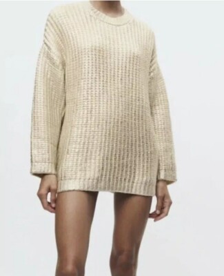 ZARA NEU DAMEN OVERSIZE FOLIENSTRICK PULLOVER HELLGOLD/SILBER Gr. M 9598/287