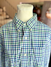 LL Bean Blue Green Check Plaid Wrinkle Free Slightly Fitted Button Down Shirt L