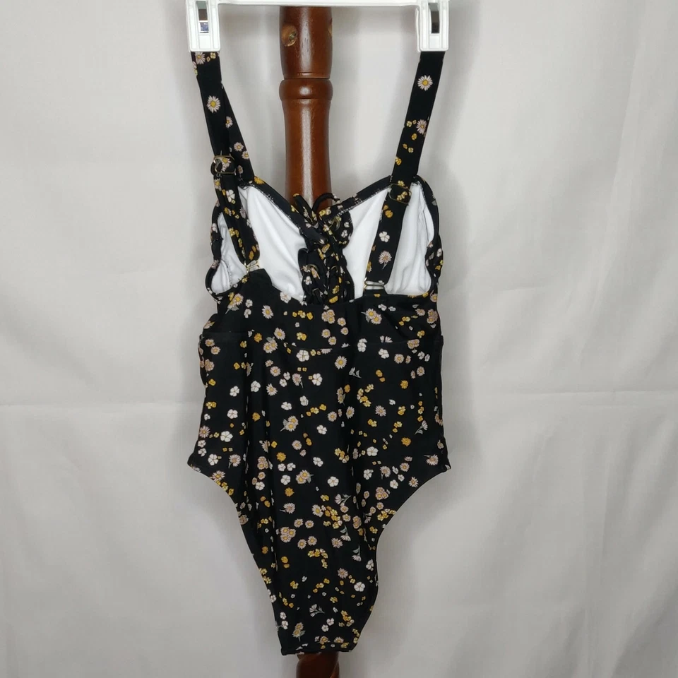 Xhilaration Mujer M Forrado Una Pieza Traje De Baño Negro Floral Ajustar Corbata Delantera Foto 2 de 4
