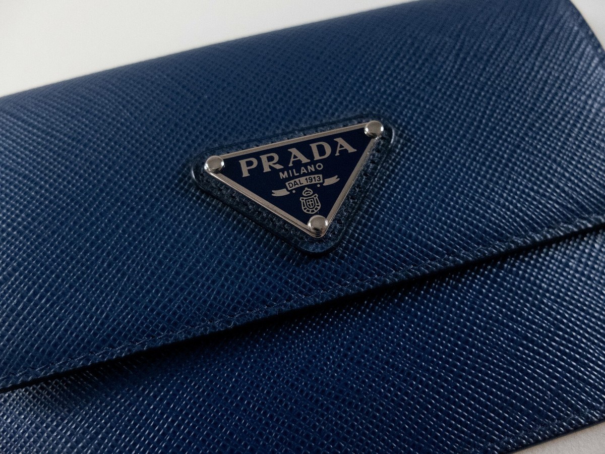 PRADA blue triangle logo Saffiano leather card holder / mini