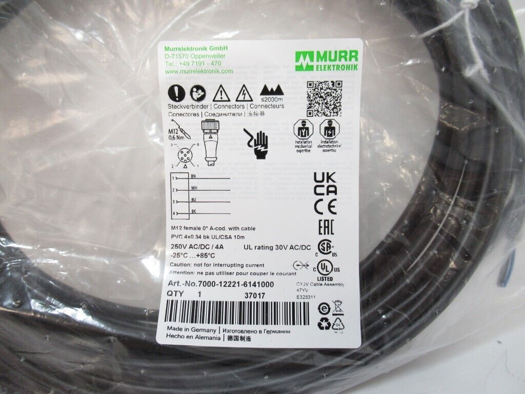 Murr elektronik 7000-12221-6141000 Cordset Female Straight M12, 4-Pole,10 Meters