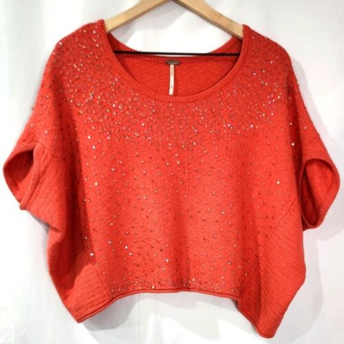 Free People Women's Cropped Sweater Size Medium Coral Sequins Wool Angora Blend