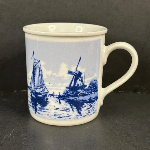 Vintage Blue Holland Windmill and Sailboat Delft Hand Painted Coffee Mug