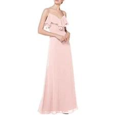 Levkoff Embellished Ruffle Neck Chiffon A-Line Gown in Petal Pink Size 4 $180