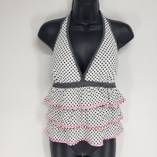 Y2K Coco Rave Polka Dot Ruffle Tankini Top Women 36D White Black Halter Swimsuit