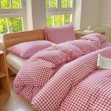Red Gingham Grid Duvet Cover Set Twin, 100 Washed Cotton Plaid Comforter Cov...