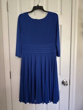 Eliza J Women's Blue Pleated Fit & Flare Lined 3/4 Sleeve Knee Length Dress 14
