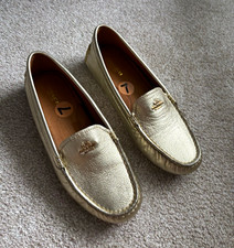 Coach Gold Leather Logo Slip-On Loafer Flats Round Toe Comfort Womens 7 Amber