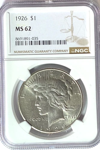 1926 $1 Peace Silver One Dollar US NGC MS62