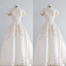 Vintage Satin Wedding Dresses Short Sleeves Off Shoulder A Line Bridal Gowns