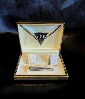 Vintage Swank Silver Tone Cufflinks Tie Bar Set Original Box