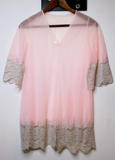 Vintage 60s Gilead Pink Sheer Short Robe with Light Gray Lace 1/2 Sleeve S