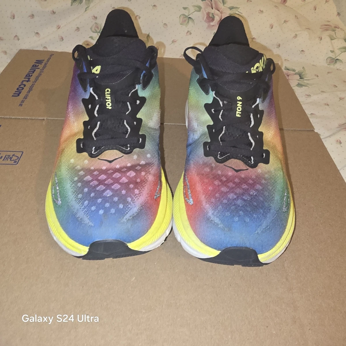 Hoka Clifton 9 Black Running Shoes with Yellow Midsole and Rainbow Lining Hoka One One HOKA Clifton 9 Black Rainbow for sale | eBay main image 3