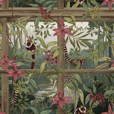 Tropischer Lemur Botanisches Rankgitter Tapete Pflaume Lila Dschungel oder Grün Rosa