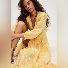FREE PEOPLE Sunshine Yellow Bohemian Floral Pappiet Midi Dress
