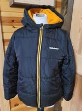 Boys Timberland Black/ Burnt Orange Puffer Jacket W/ Hood Sz. L 4-16 EUC Winter