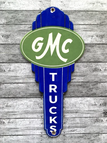 VINTAGE 10x5" GMC TRUCKS SALES & SERVICE DEALER GAS STATION PORCELAIN OIL SIGN