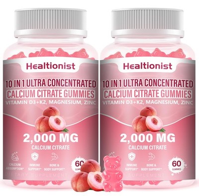 2 Packs 2000mg Calcium Citrate with Vitamin D3 K2 Supplements Gummies for Wom...